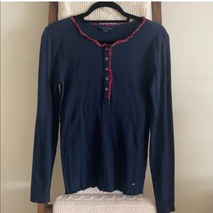 Tommy Hilfiger button detailed navy ribbed long sleeve shirt